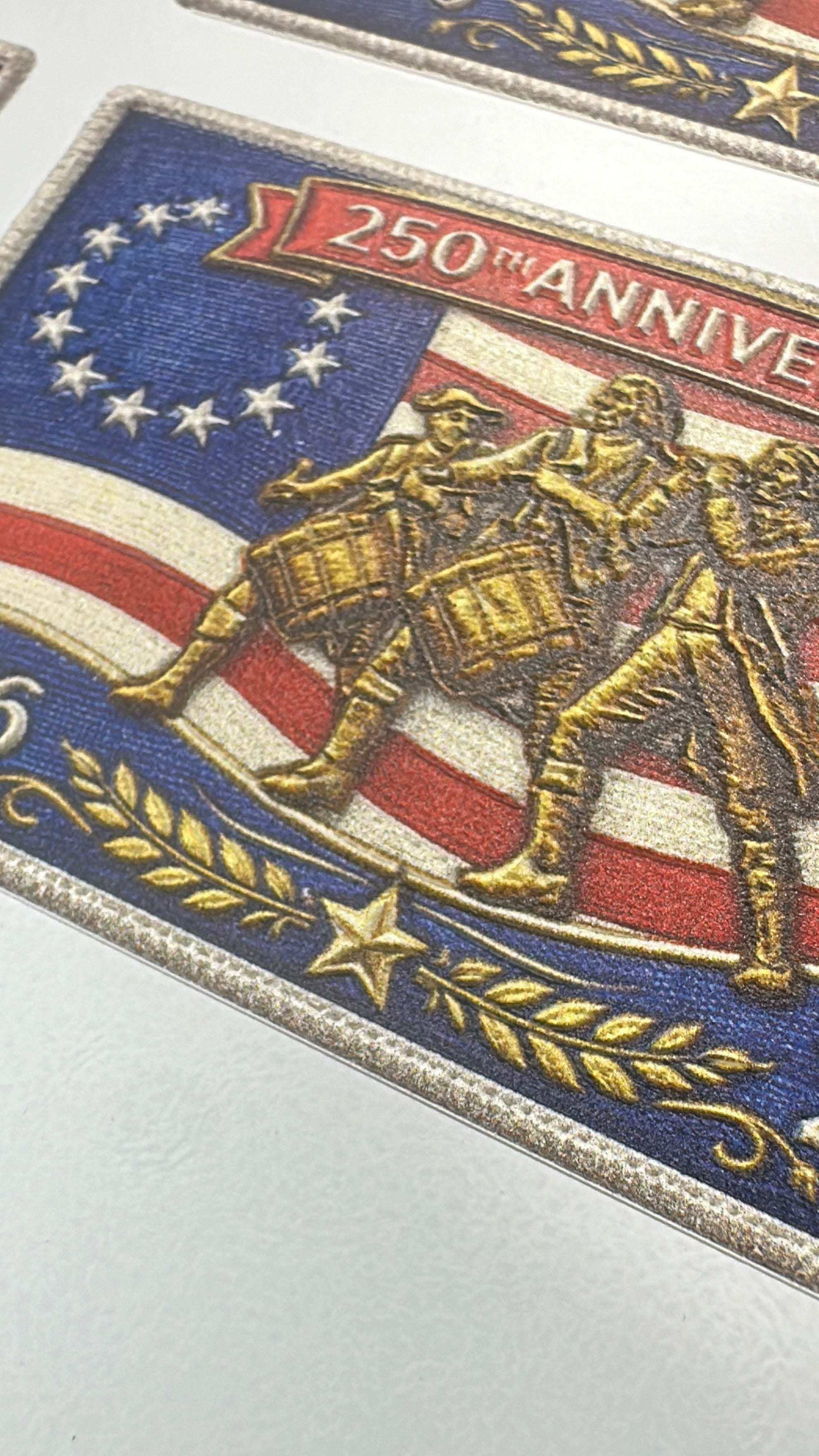 Side view of 250th Anniversary UV Printed Leatherette Hat Patch with patriotic design, durable weather-resistant custom hat patch made in USA