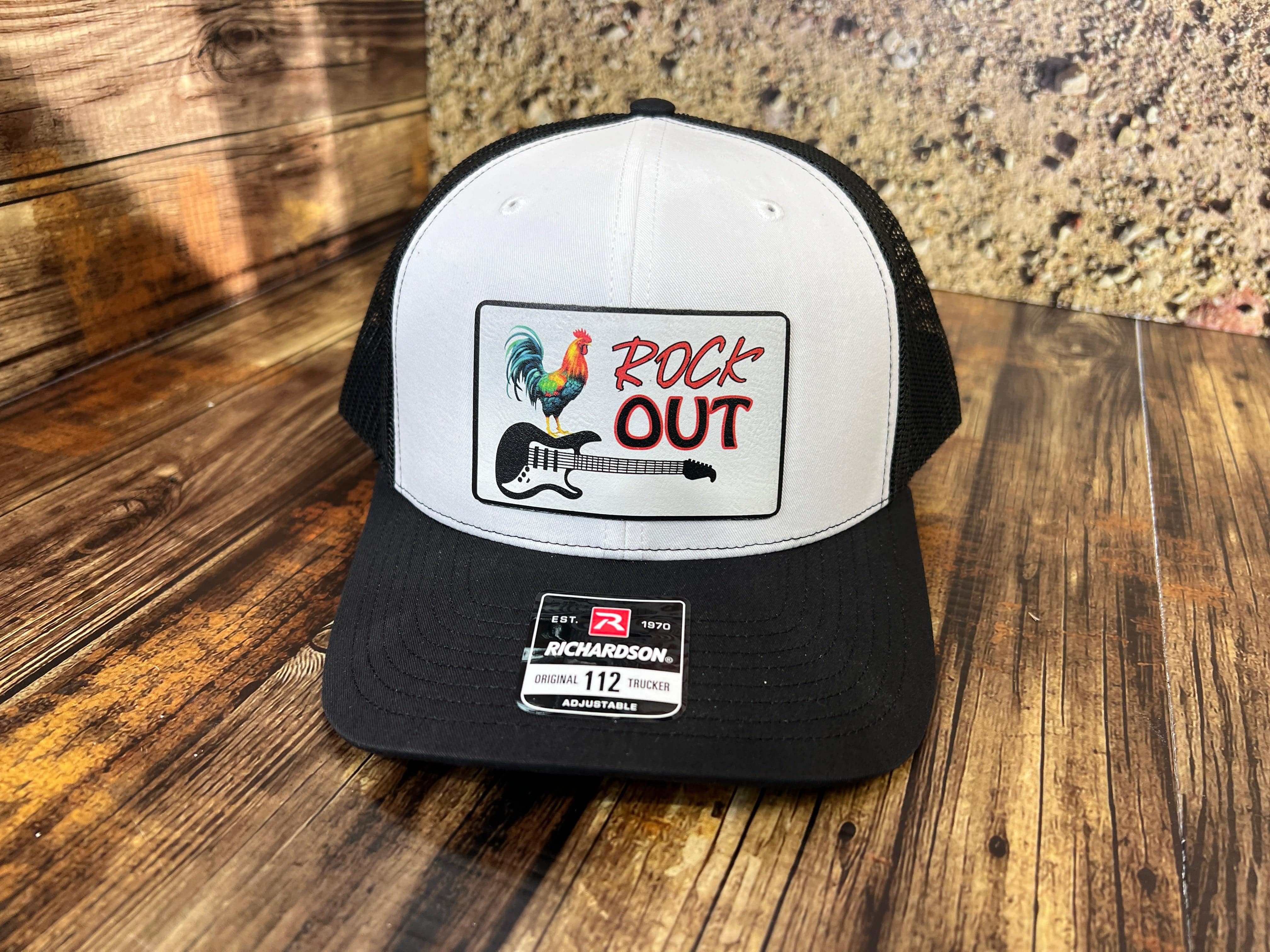 Rock Out UV Printed Custom Patch Hat with Premium Leatherette on a Richardson 112 Trucker Hat - F5 Custom Designs