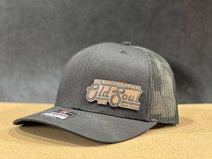 Black Richardson 112 Trucker Hat with copper Old Soul Living in a New World patch and black mesh