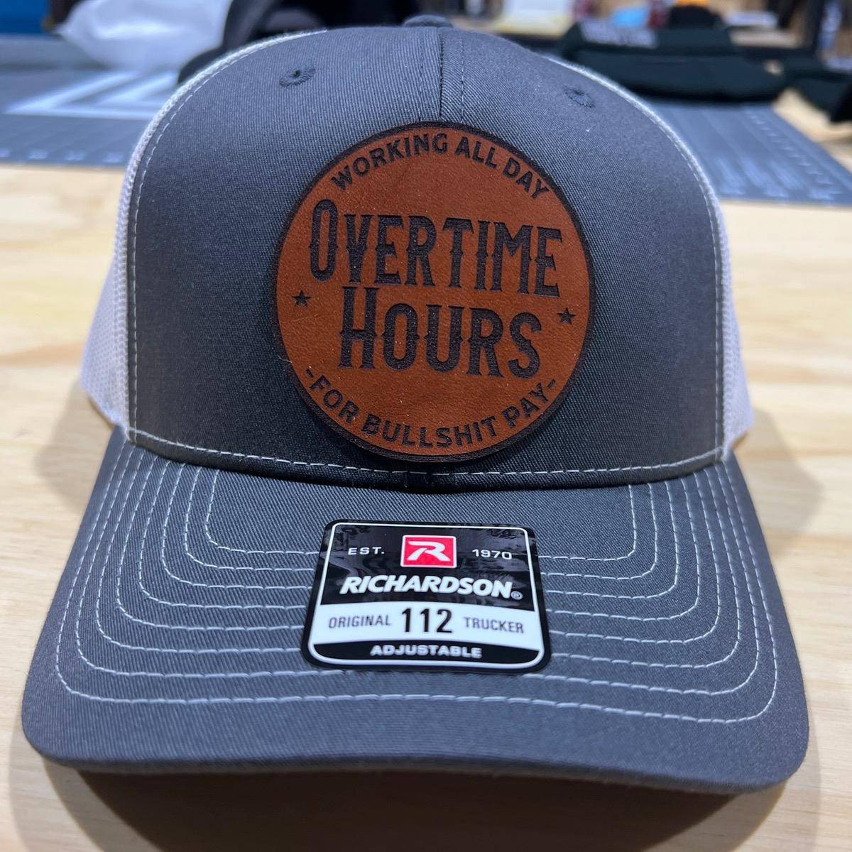 Overtime Hours Hat with Premium Patch on a Richardson 112 Trucker Hat - F5 Custom Designs