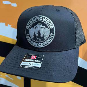 Morning Wood Hat with engraved Premium Leatherette Patch on a Richardson 112 Trucker Hat with adjustable snapback. - F5 Custom Designs