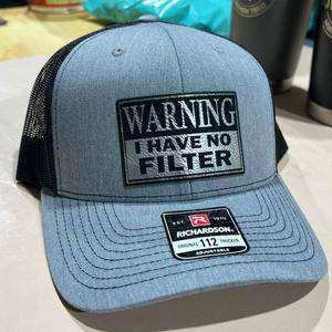 Warning No Filter Hat with Custom Patch on a Richardson 112 Trucker Hat - F5 Custom Designs