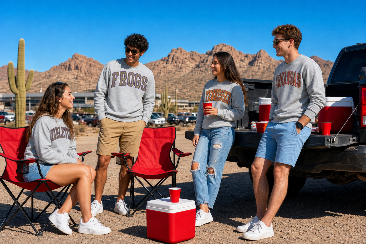 Friends wearing sport grey camo team name sweatshirts at a fall game day tailgate