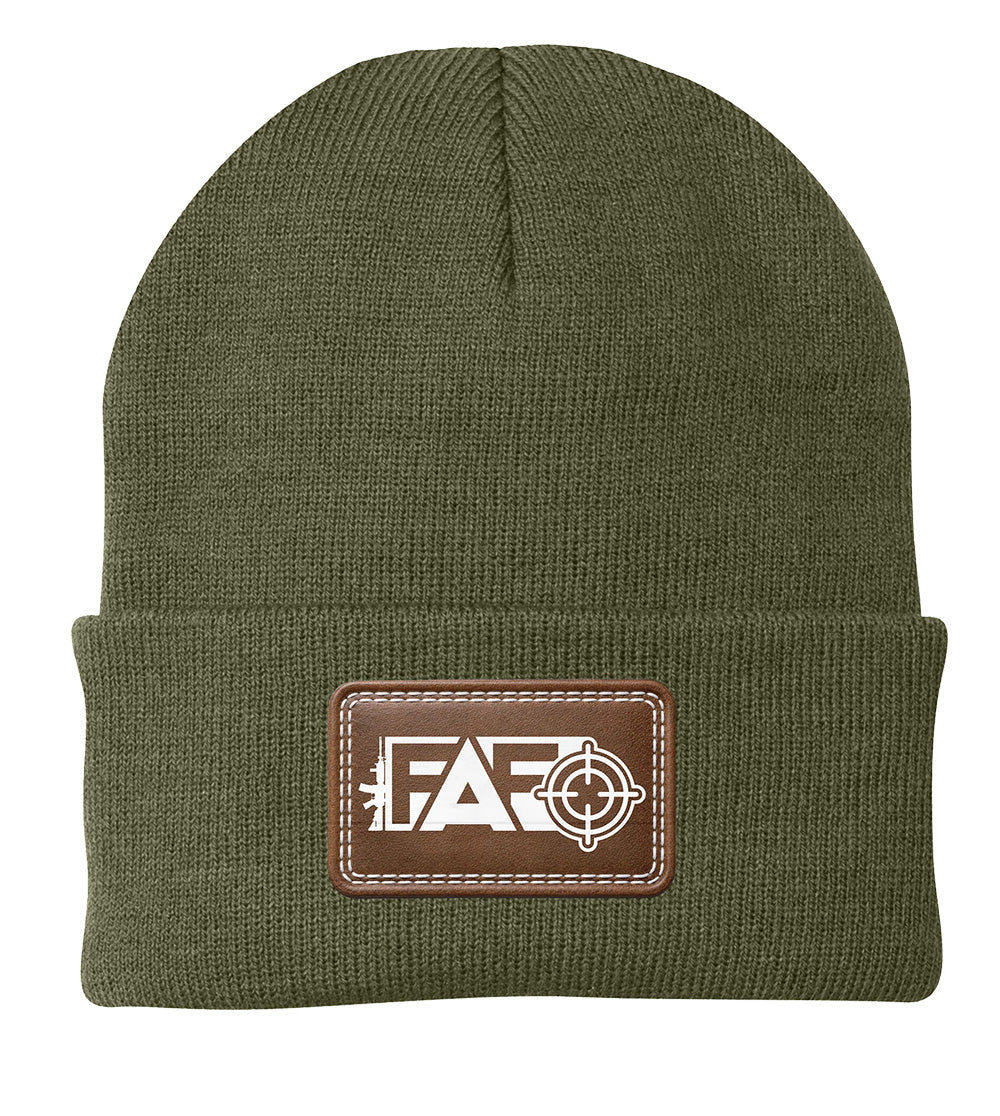 Custom cuffed beanie with FAFO leather patch