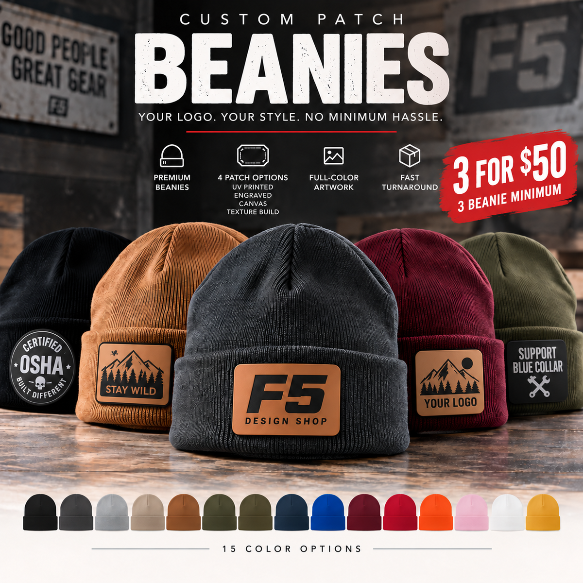 Custom patch beanies promo banner with 15 color options and 3 for $50 offer