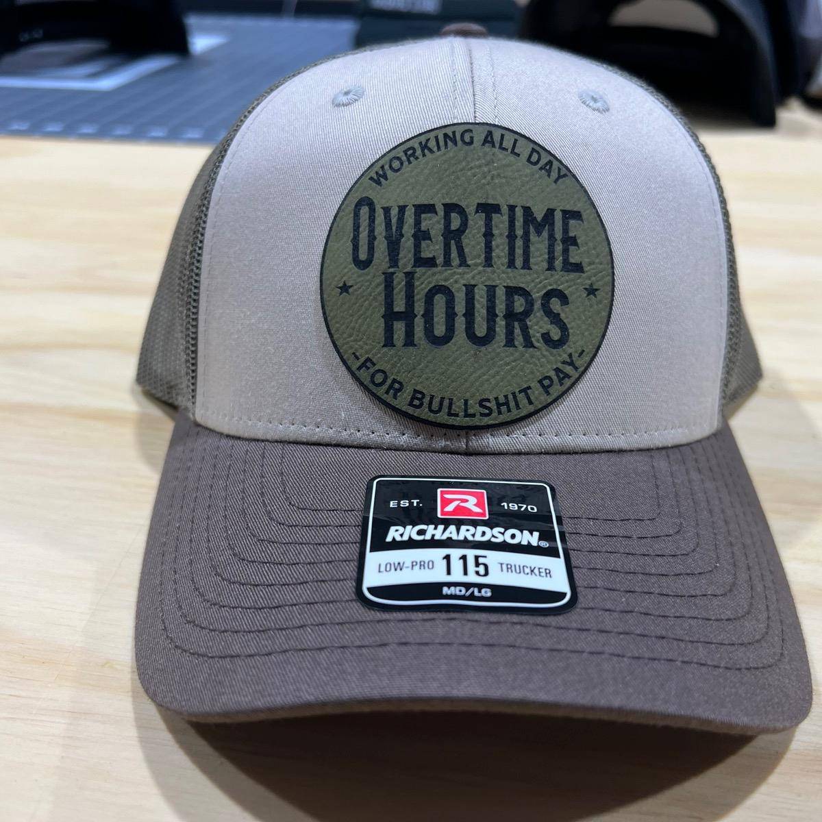 Overtime Hours Hat with Premium Patch on a Richardson 112 Trucker Hat - F5 Custom Designs