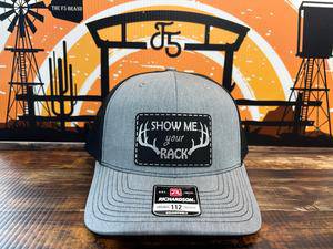 Show Me Your Rack Hat with Premium Leatherette Patch on a Richardson 112 Trucker Custom Patch Hat - F5 Custom Designs