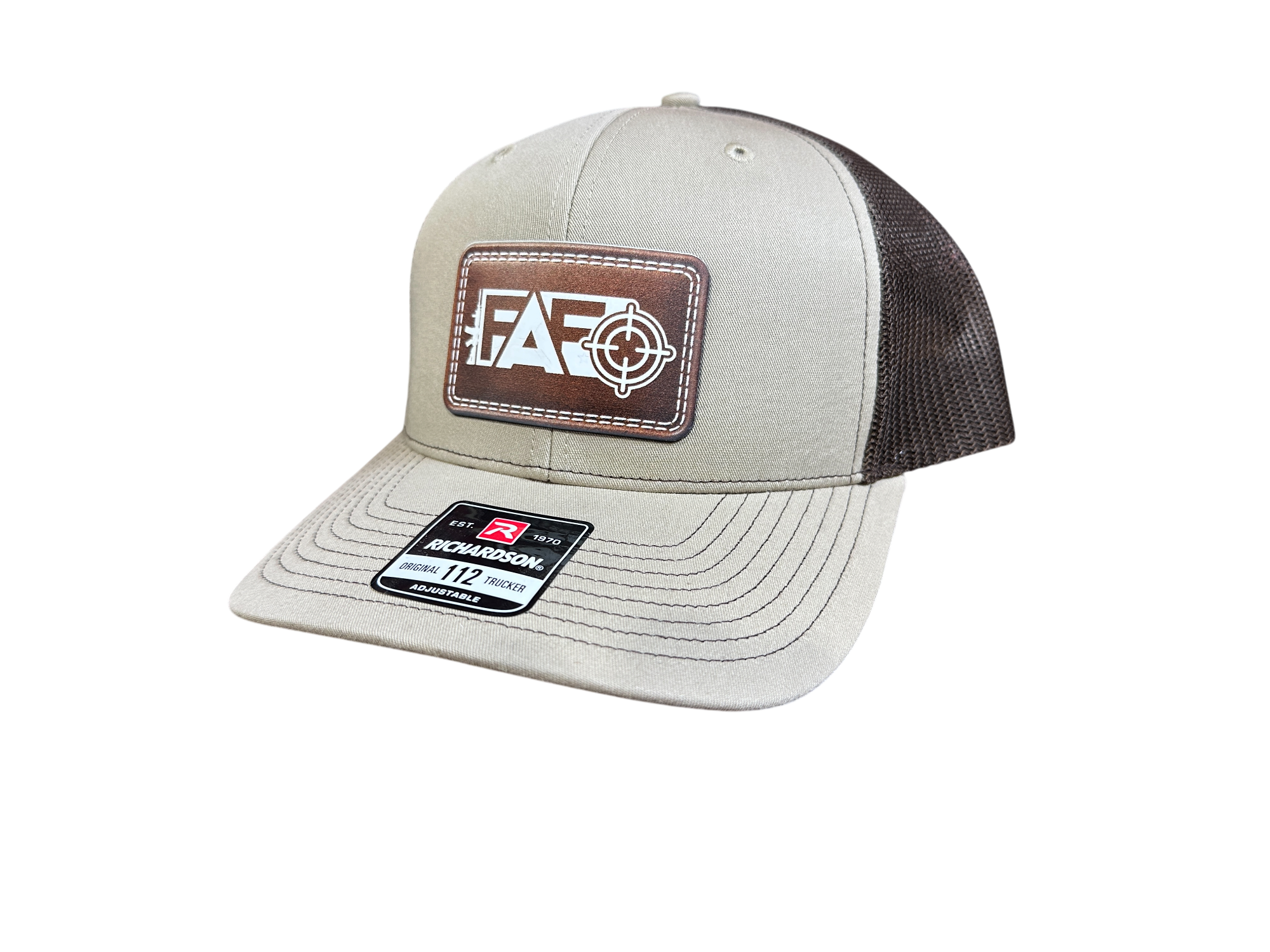 FAFO target leatherette patch hat on Richardson 112 tan and brown trucker hat