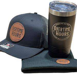 Hat, beanie, and tumbler bundle with Overtime Hours for BS Pay leatherette patch on Richardson 112 trucker hat