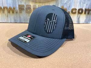 Punisher with Beard Hat on Leatherette Patch on a Richardson 112 Trucker Hat Baseball Cap Summer Winter - F5 Custom Designs