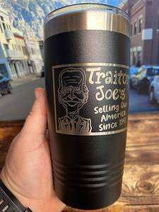 Traitor J 20 oz Tumbler black stainless steel with custom engraved design and slider lid