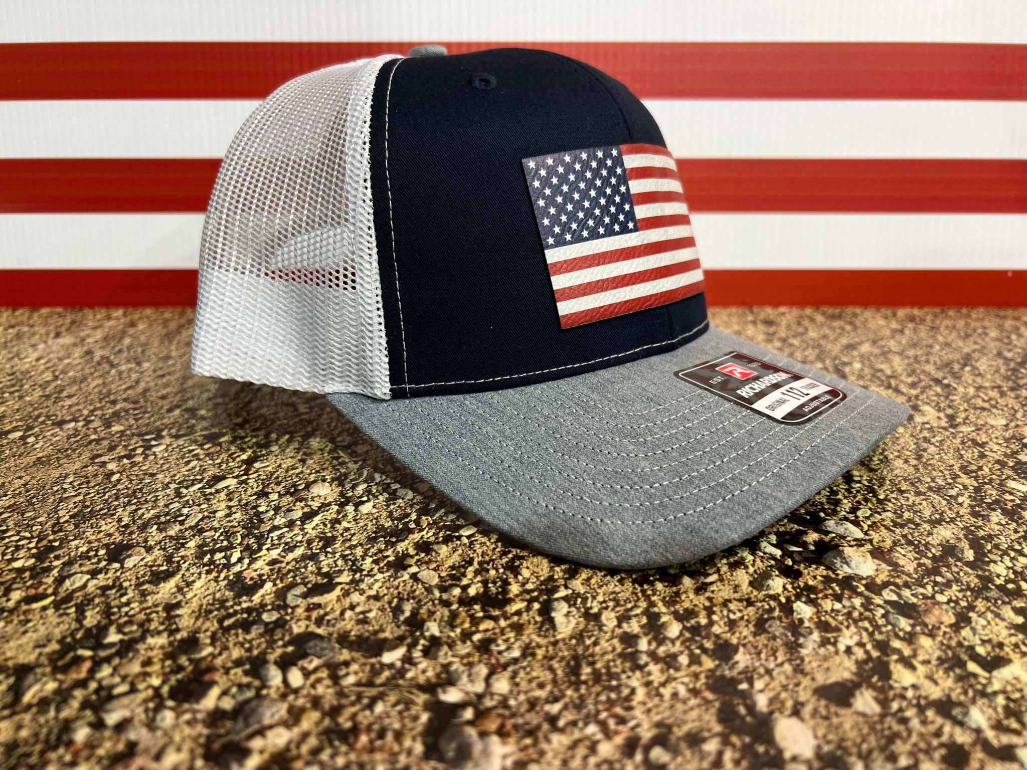 American Flag Hat UV Printed Premium Leatherette Patch on a Richardson 112 Trucker Hat. - F5 Custom Designs