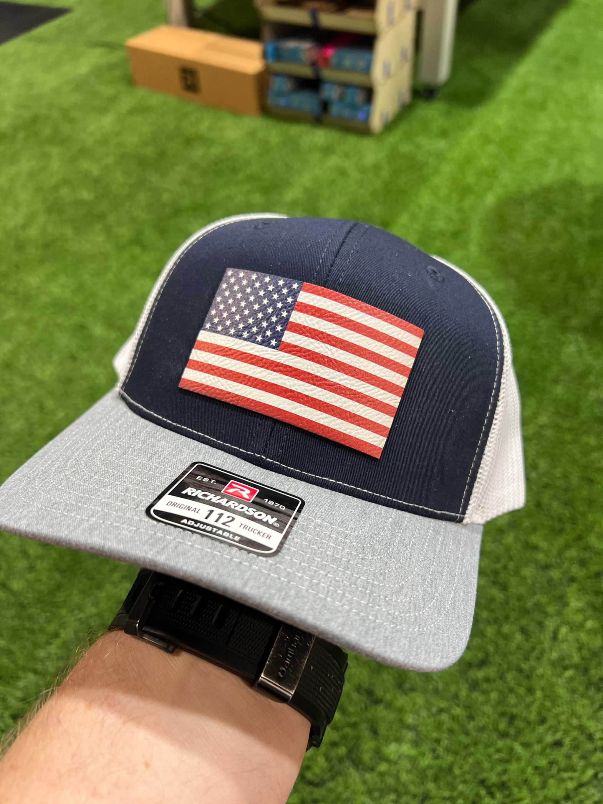 American Flag Hat UV Printed Premium Leatherette Patch on a Richardson 112 Trucker Hat. - F5 Custom Designs