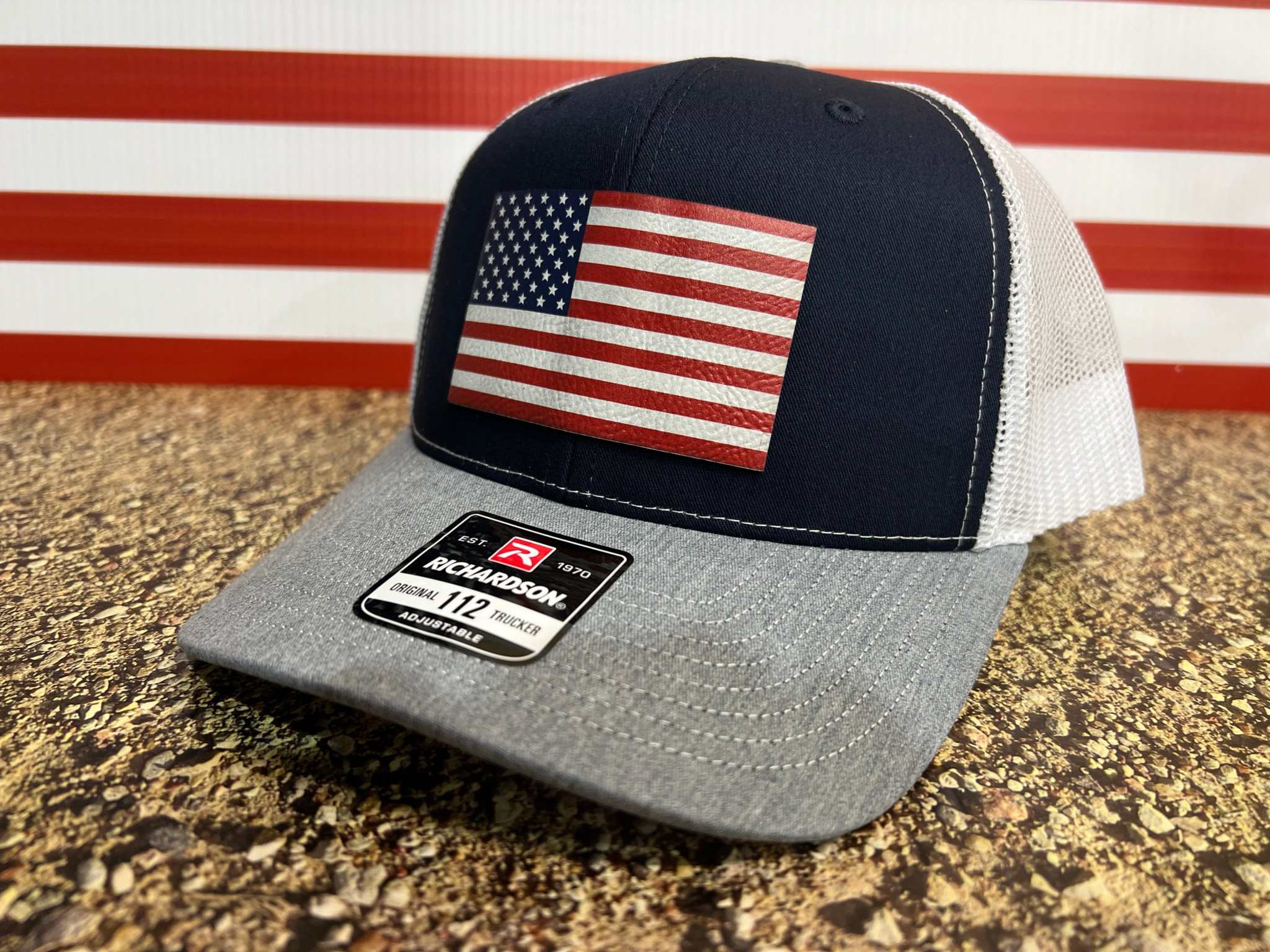 American Flag Hat UV Printed Premium Leatherette Patch on a Richardson 112 Trucker Hat. - F5 Custom Designs