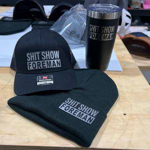 The Hat+Beanie+Tumbler Bundle -  Shit Show Foreman Leatherette Patch Hat on Richardson 112 Trucker Hat - F5 Custom Designs
