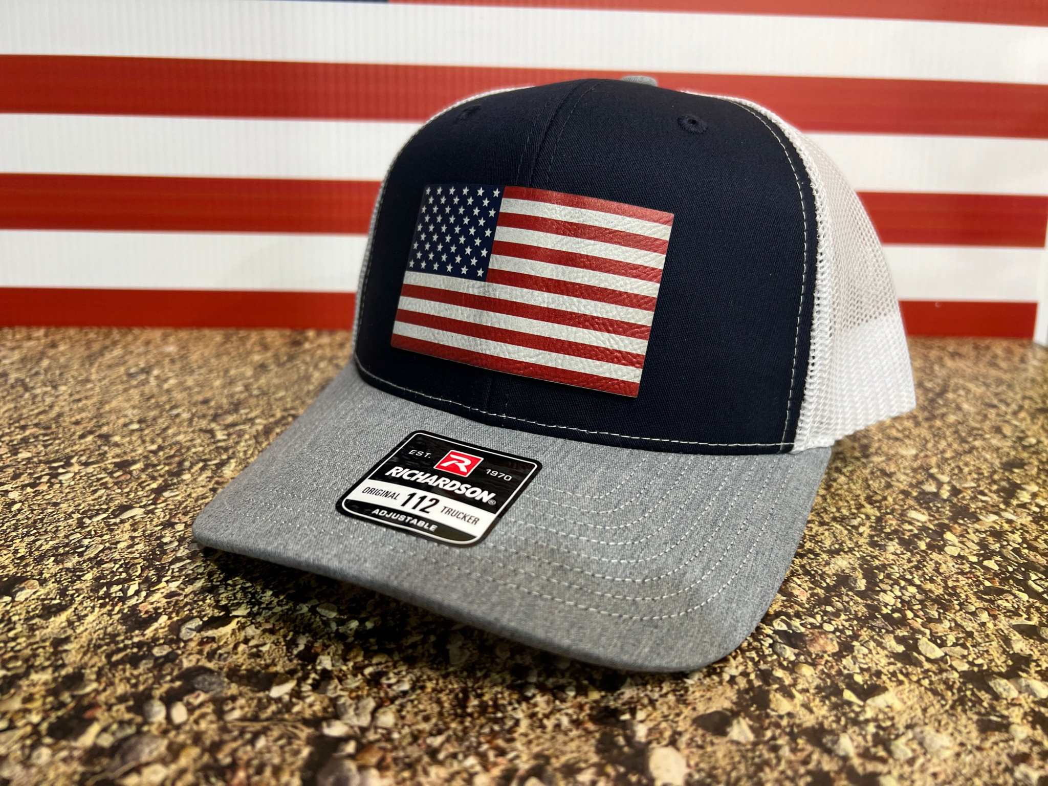 American Flag Hat UV Printed Premium Leatherette Patch on a Richardson 112 Trucker Hat. - F5 Custom Designs