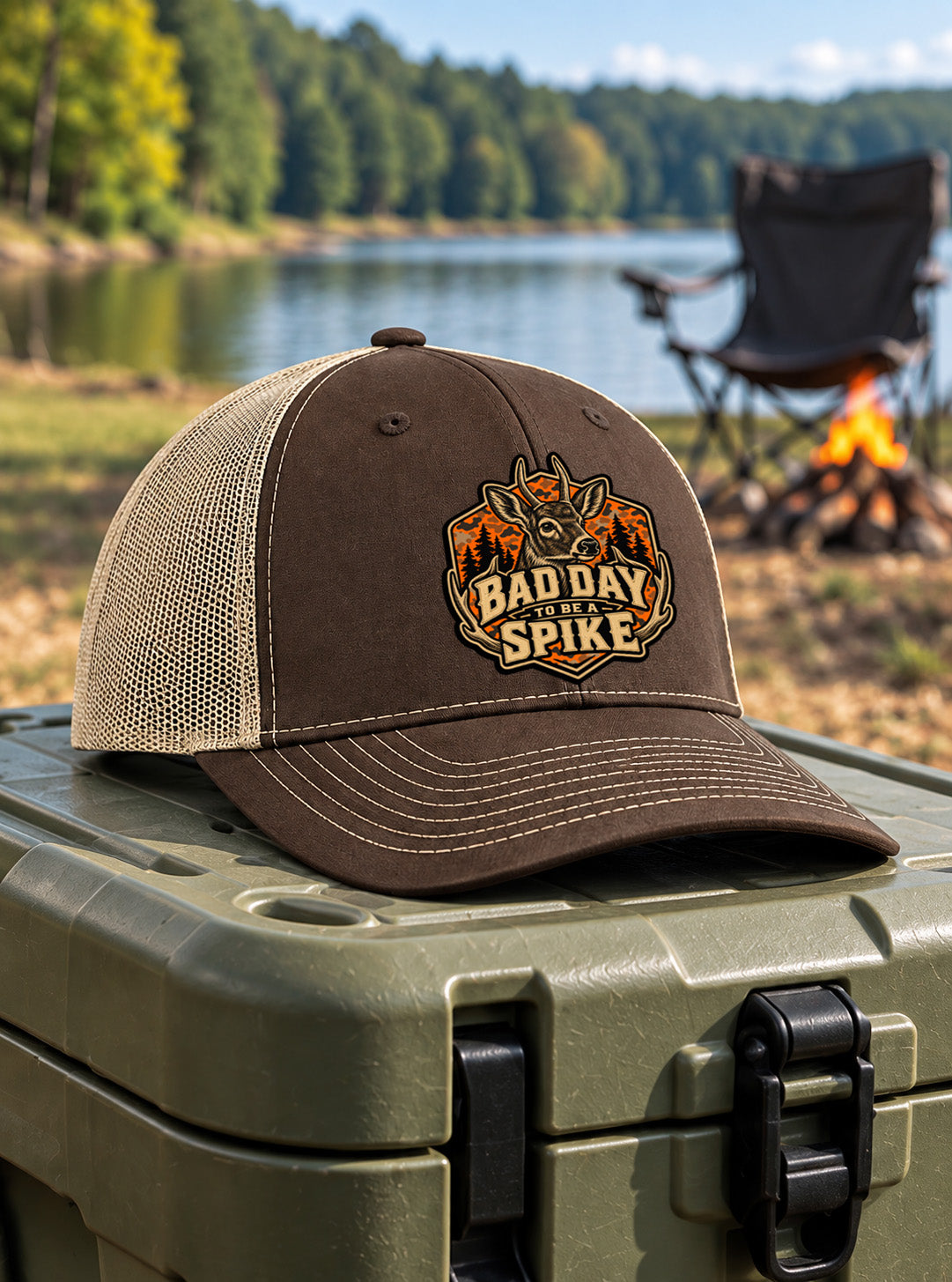 A brown and beige trucker hat with a 'Bad Day to be a Spike' UV Printed Hat Patch on the front, resting on top of an olive green cooler in an outdoor lakeside campsite setting with a folding chair and campfire in the background.