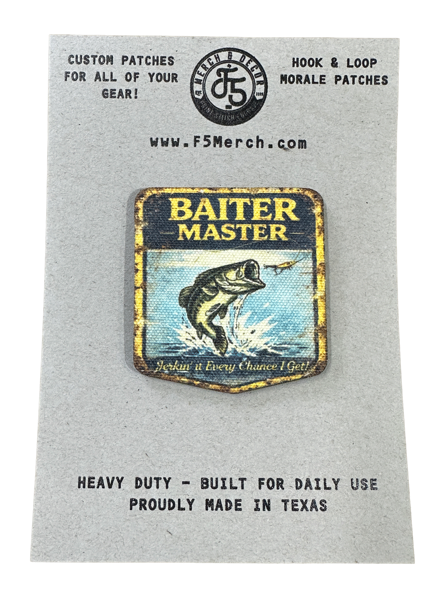 Fishing-themed patch on a gray card with text about custom Canvas patches.