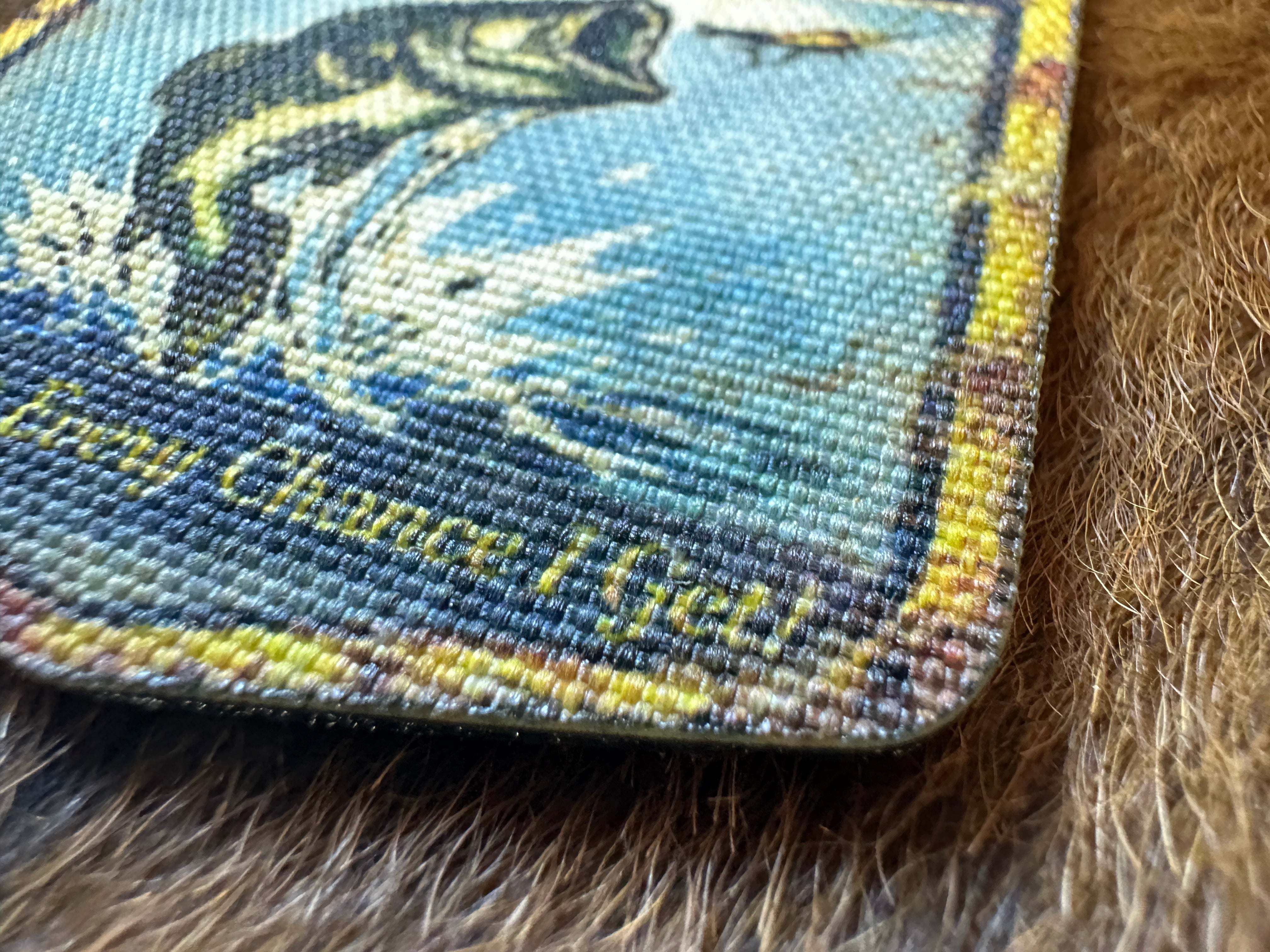 Close-up of a canvas patches with a comical design 