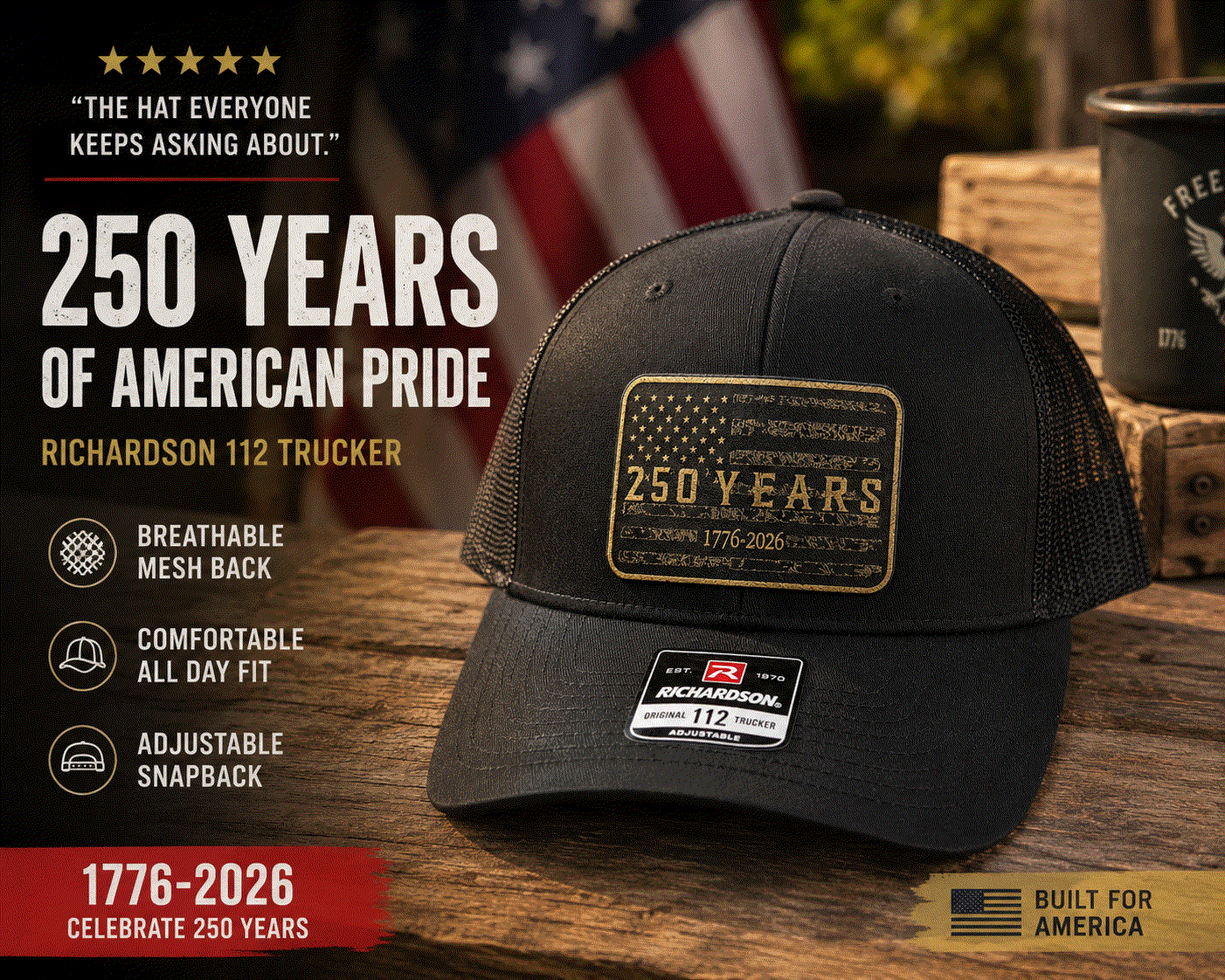 Blackout American Flag patch on Richardson 112 trucker hat celebrating 250 years American heritage
