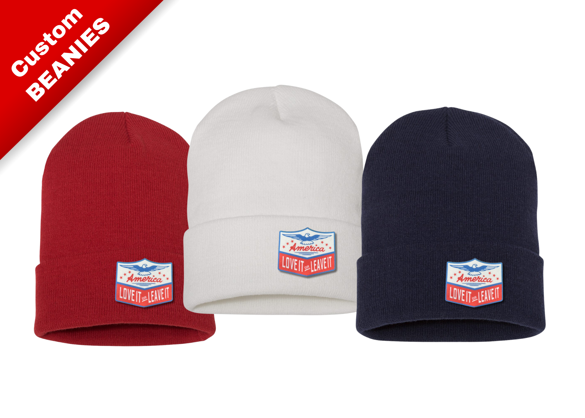 Custom Beanie with Custom Logo UV Printed or Engraved Leatherette Patch