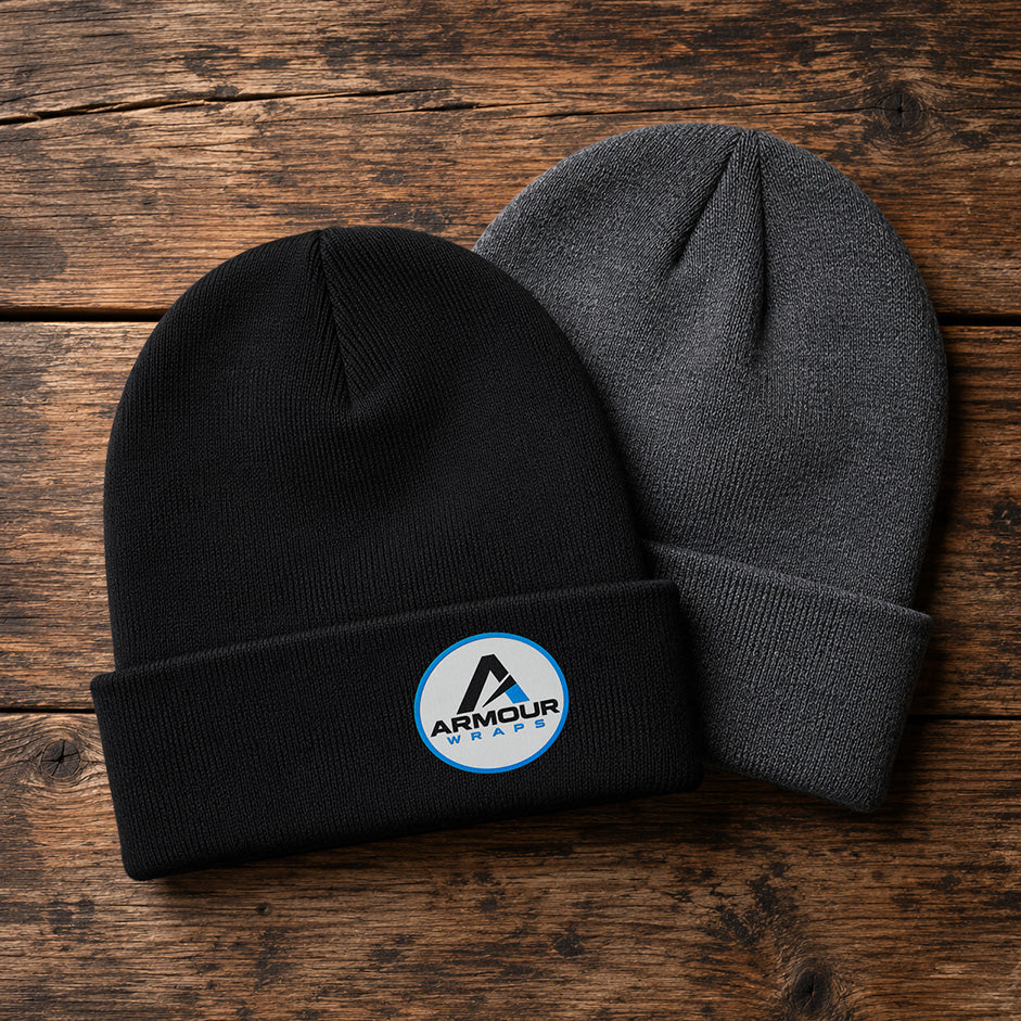 Custom Beanie with Custom Logo UV Printed or Engraved Leatherette Patch