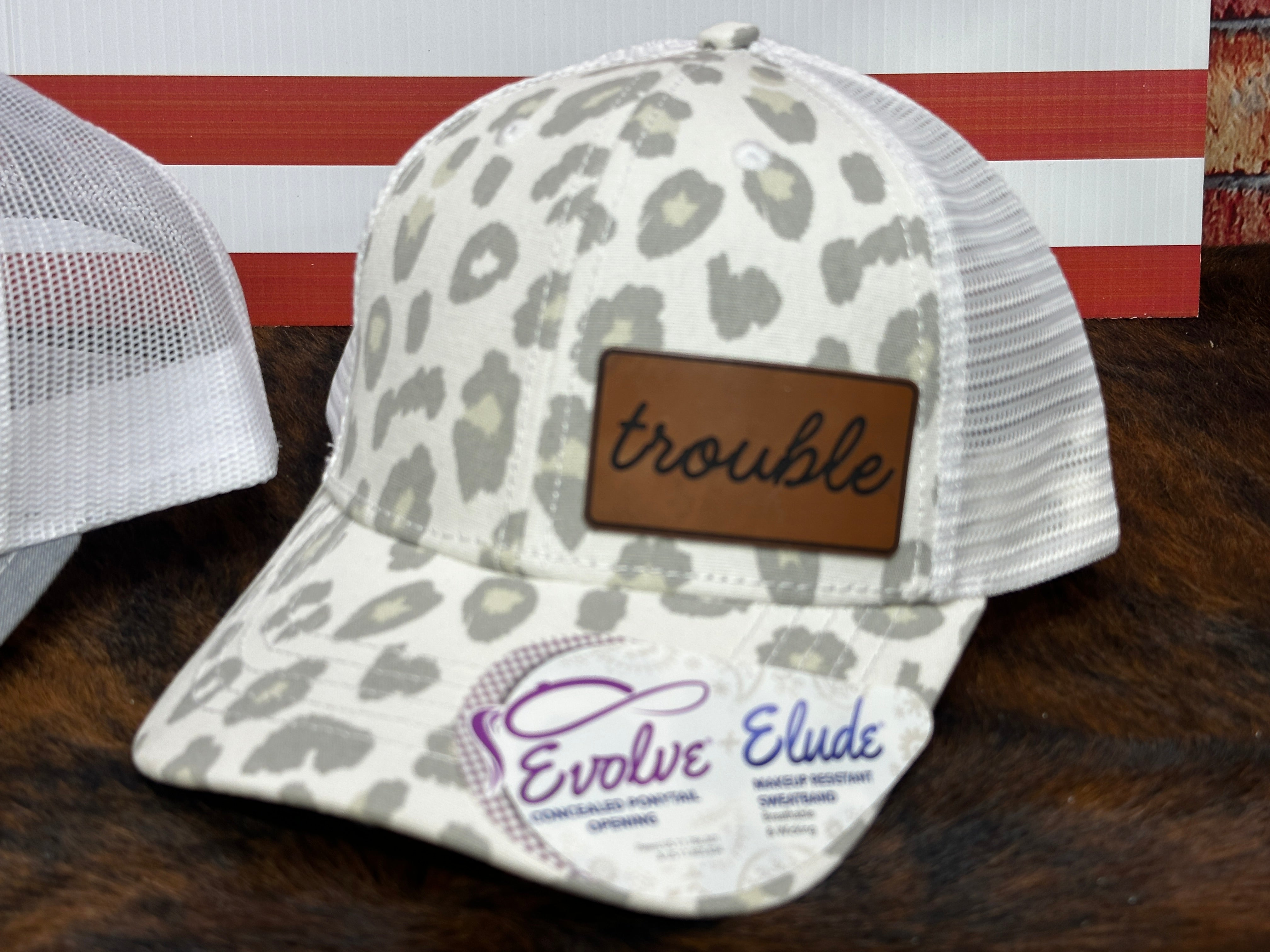 Trouble Follows Hat Set for Him and Her Richardson 112 Couples Matching Hat Leopard Print Pattern, Adjustable Fit
