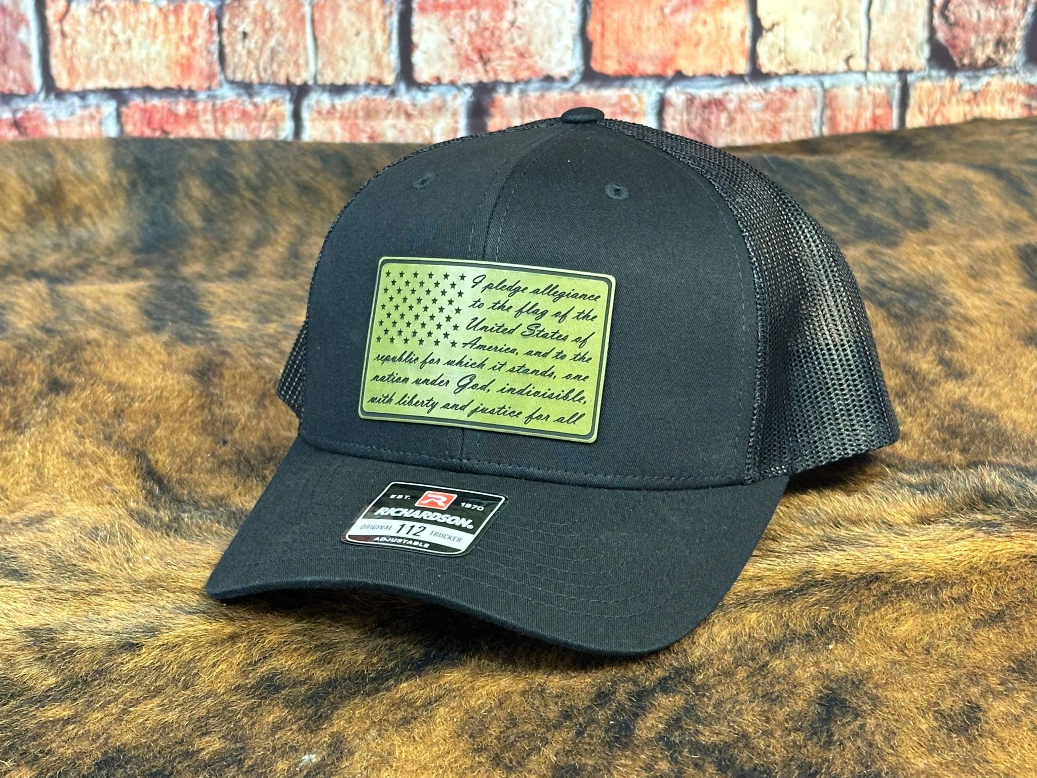 Pledge of Allegiance Hat Custom Patch Hat with American Flag Design on a Richardson 112 Trucker Hat.