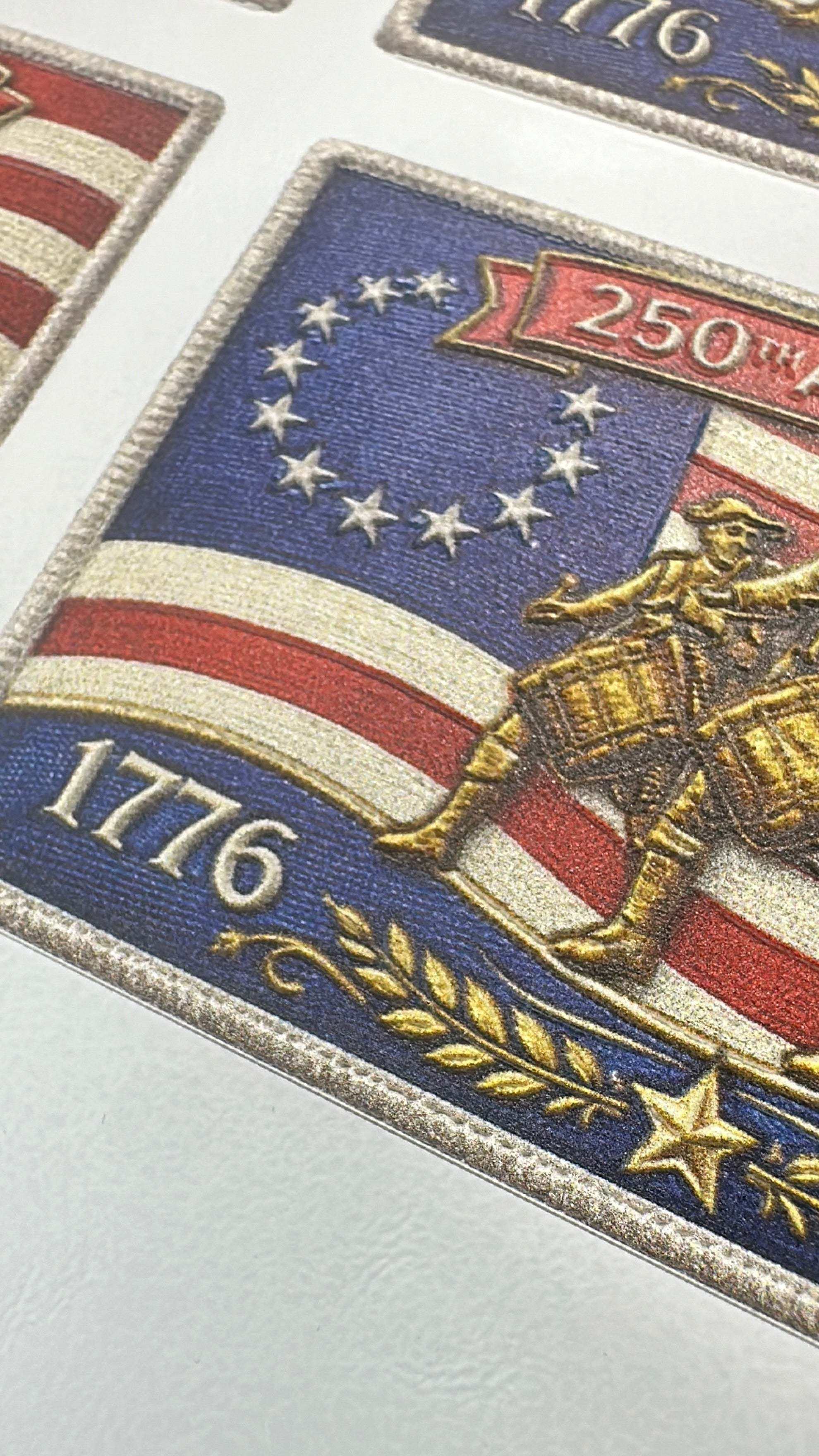 250th Anniversary UV Printed Leatherette Hat Patch with patriotic design, durable weather-resistant custom hat patch made in USA