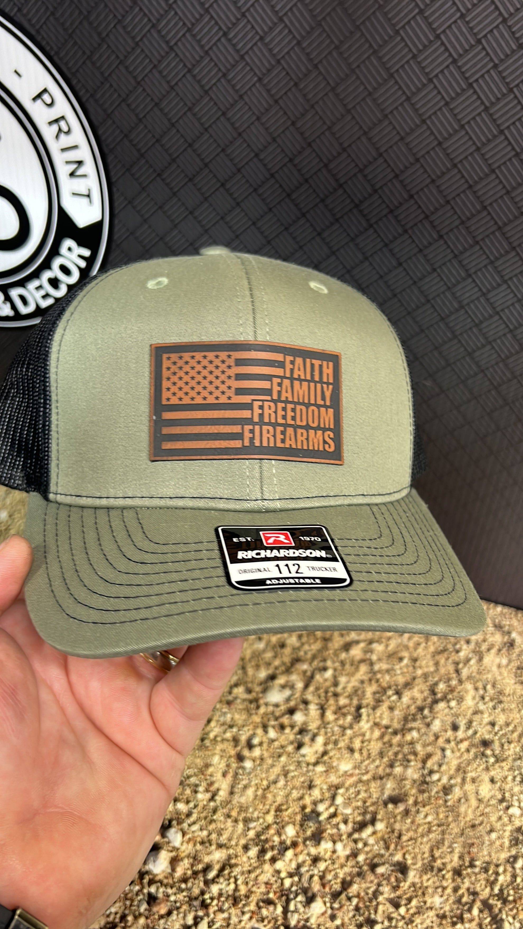 Faith Family Freedom Hat with a Premium Leatherette Patch! Richardson 112 Trucker Hat Baseball Cap Summer Winter - F5 Custom Designs