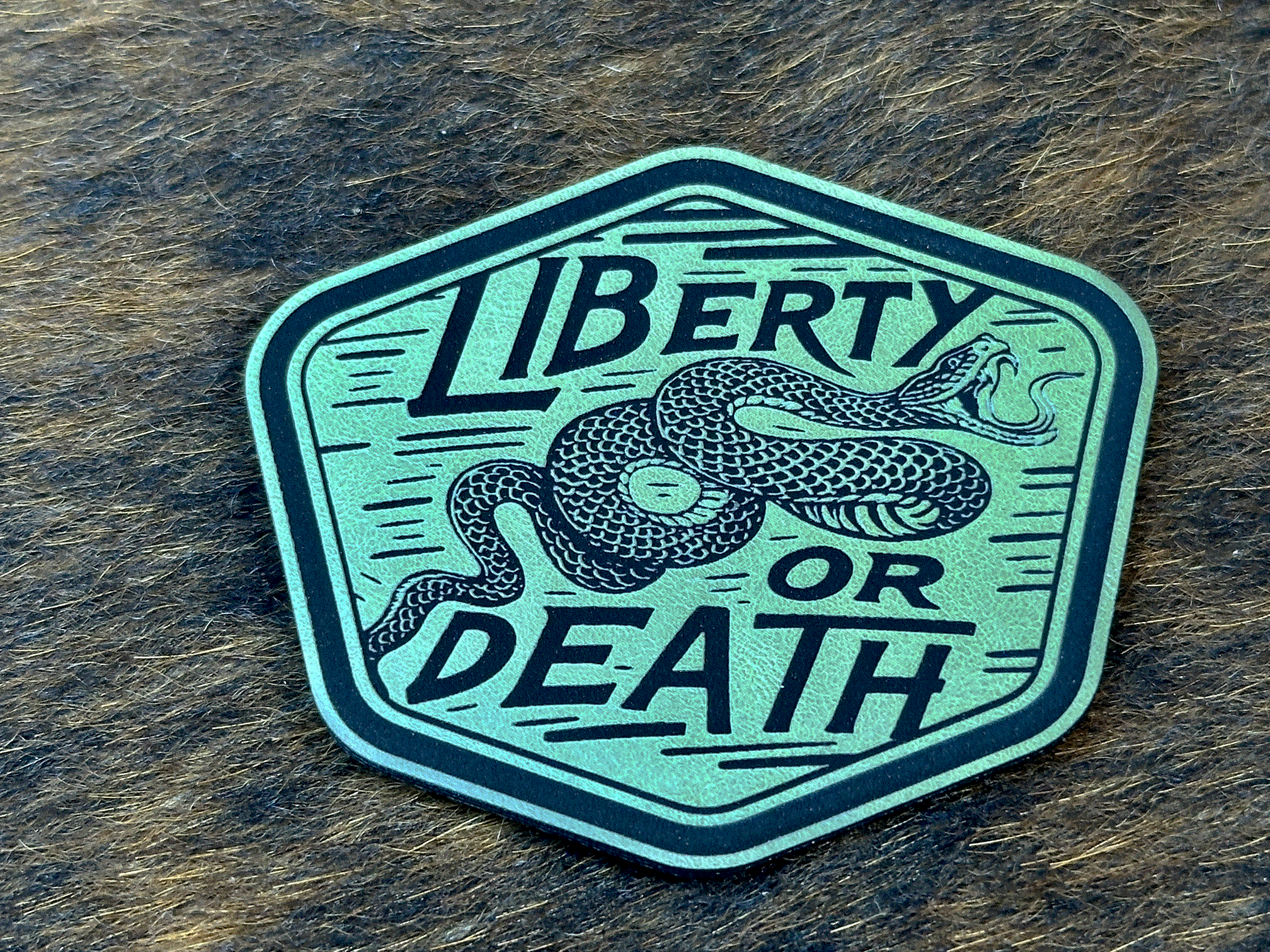 Liberty or Death laser engraved leatherette patch for hats and apparel with adhesive or hook and loop options