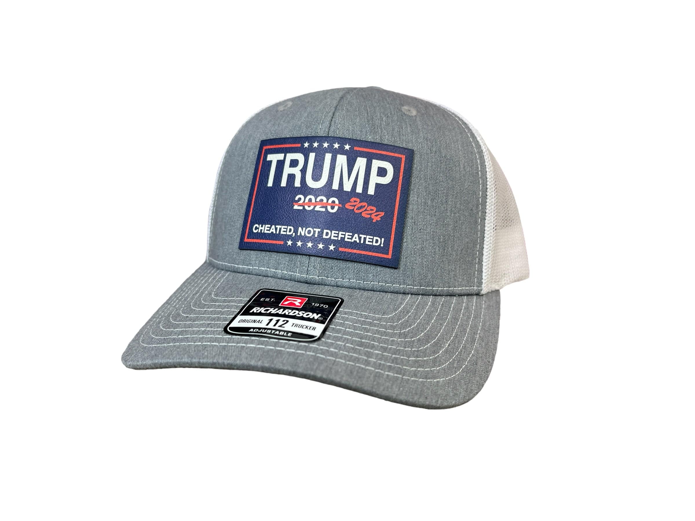 Cheated Not Defeated Trump 2024 Trucker Hat UV Printed  or Laser EngravedPremium Leatherette FULL Color Patch on Richardson 112 Trucker Hat - F5 Custom Designs