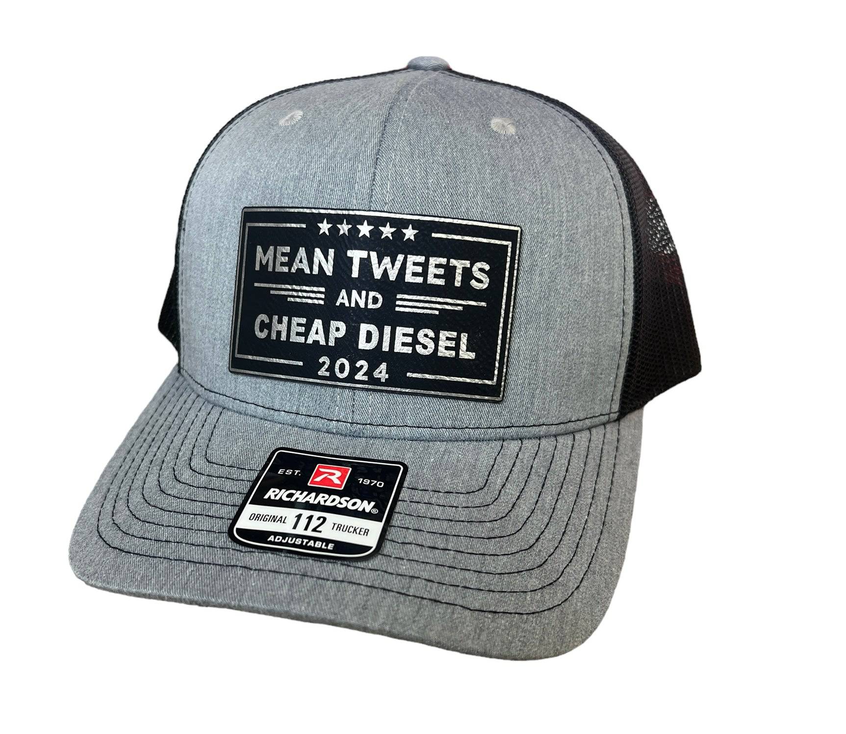 Mean Tweets Cheap Gas or Diesel Hat on Premium Leatherette Patch Richardson 112 Trucker Hat  or Yupoong Classic TruckerFunny Hat Adult Hat - F5 Custom Designs