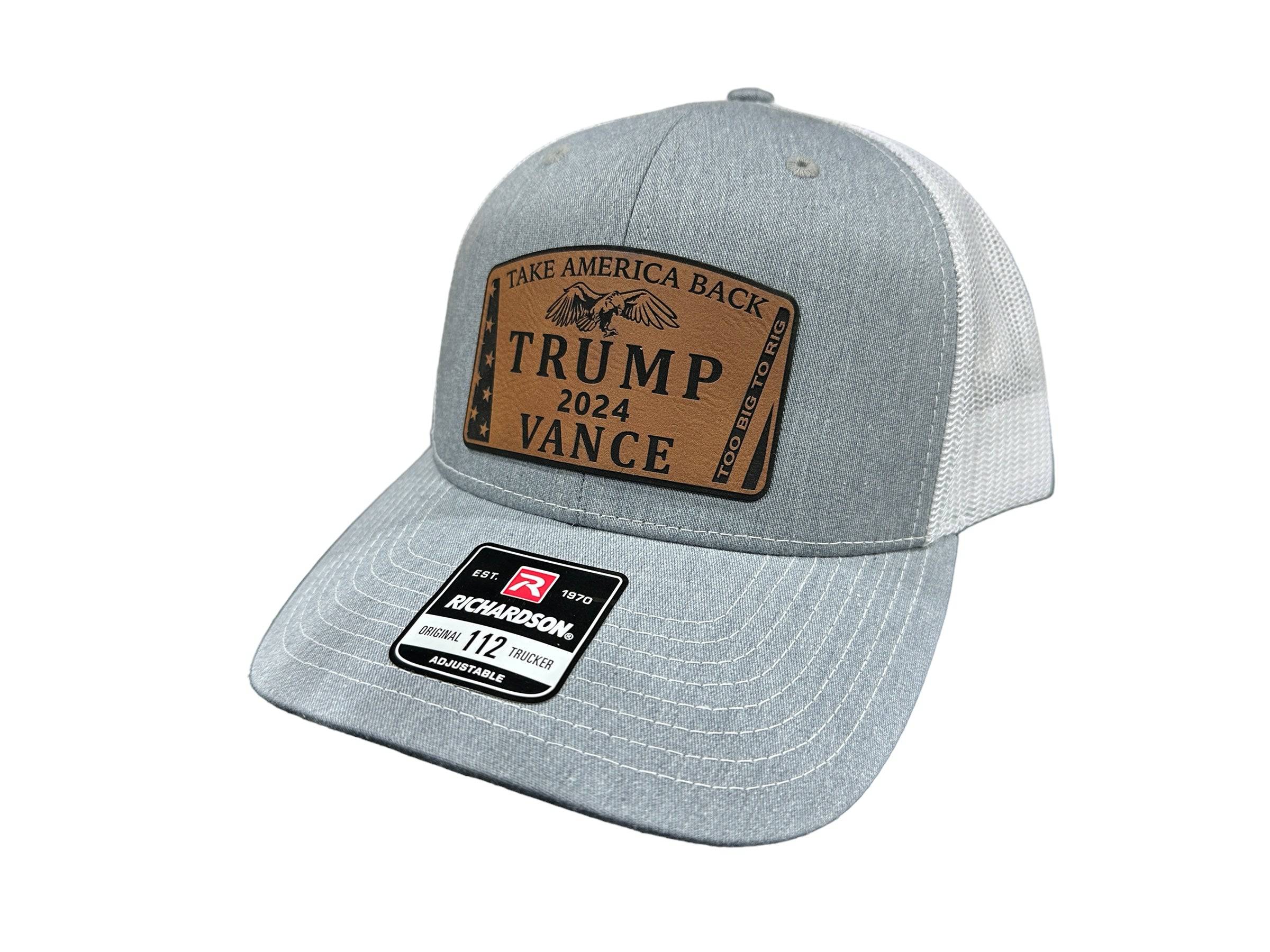 To Big To Rig Trump Vance 2024 Hat Premium Leatherette Patch on Richardson or Yupoong 112 Trucker Hat GenX Hat - F5 Custom Designs