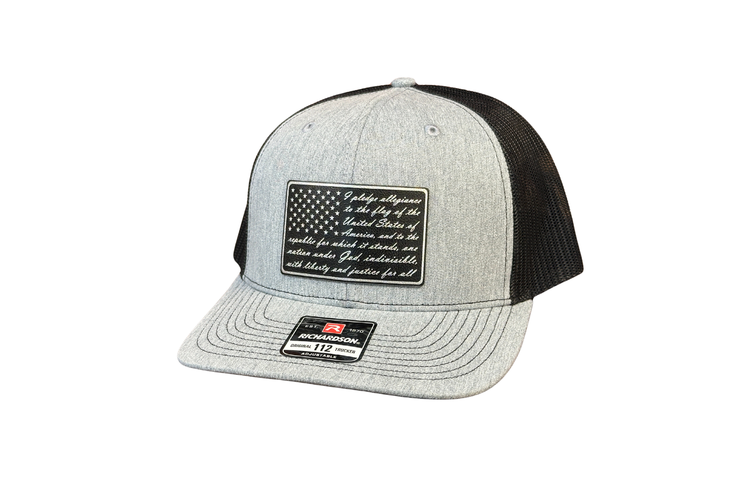 Pledge of Allegiance Hat Custom Patch Hat with American Flag Design on a Richardson 112 Trucker Hat.