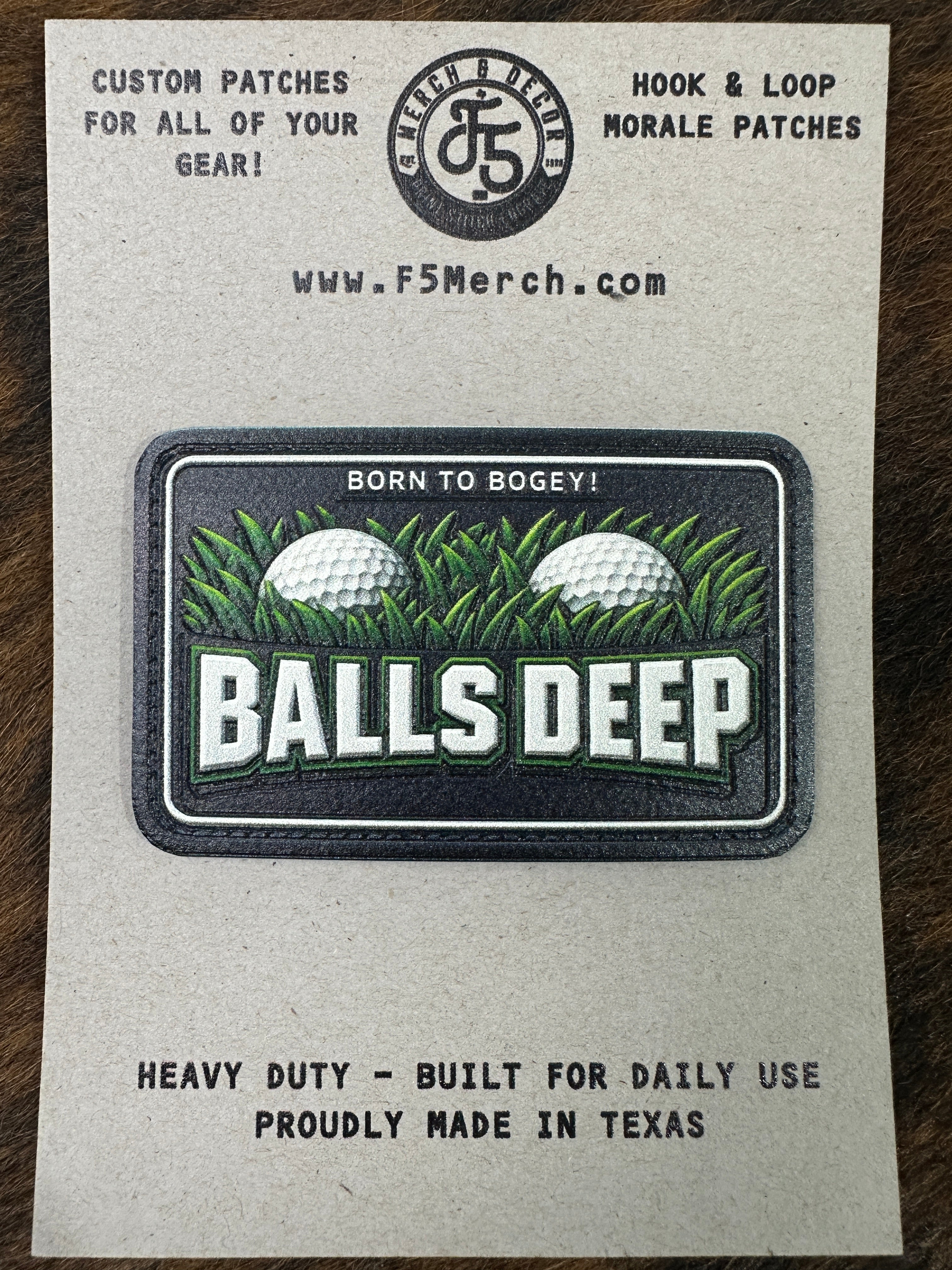Custom UV printed patch with "Balls Deep - Born To Bogey" design, vibrant and durable full-color golf patch