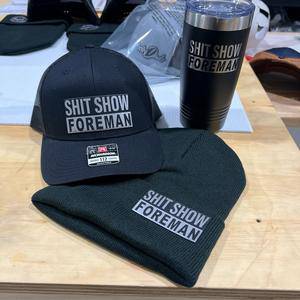 The Hat+Beanie+Tumbler Bundle -  Shit Show Foreman Leatherette Patch Hat on Richardson 112 Trucker Hat - F5 Custom Designs