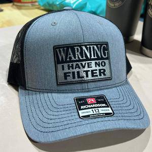 Warning No Filter Hat with Custom Patch on a Richardson 112 Trucker Hat - F5 Custom Designs