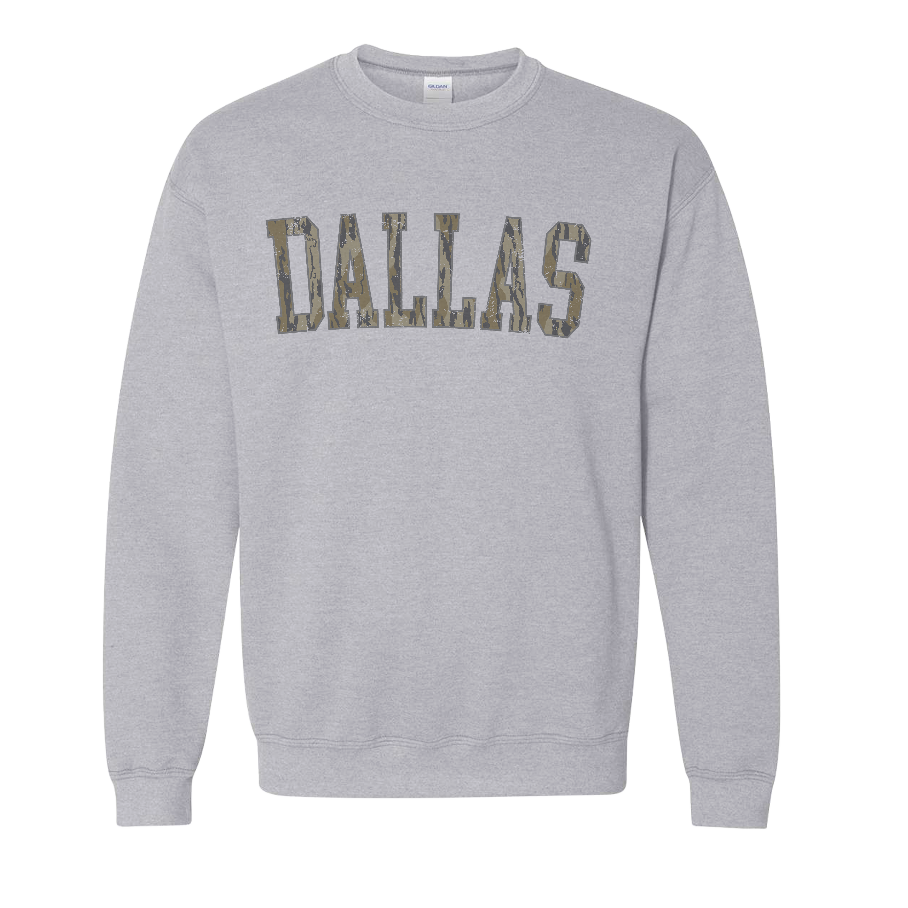 Sport grey camo Dallas football team name sweatshirt with vintage varsity lettering