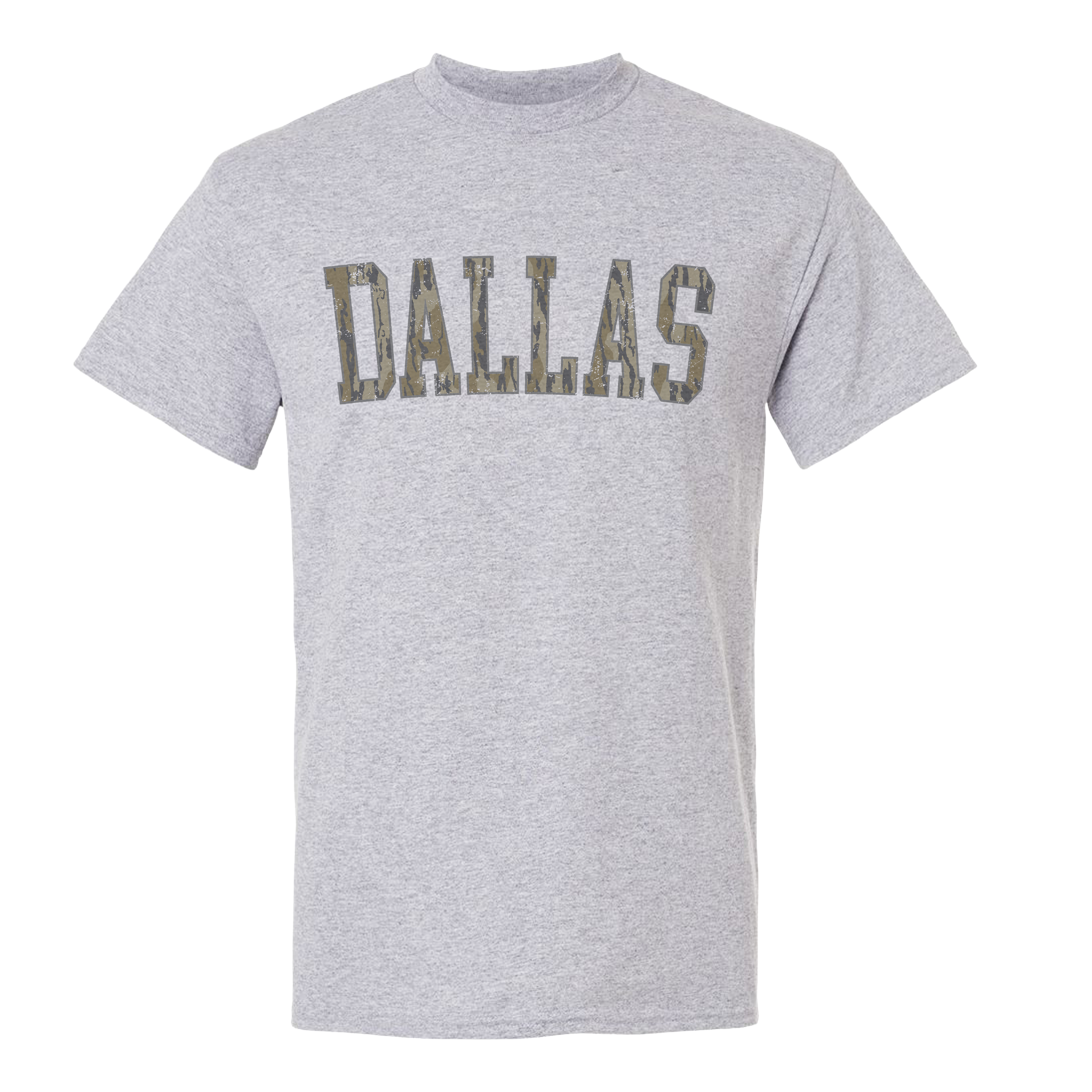 Sport grey camo Dallas football team name T-shirt with vintage varsity lettering