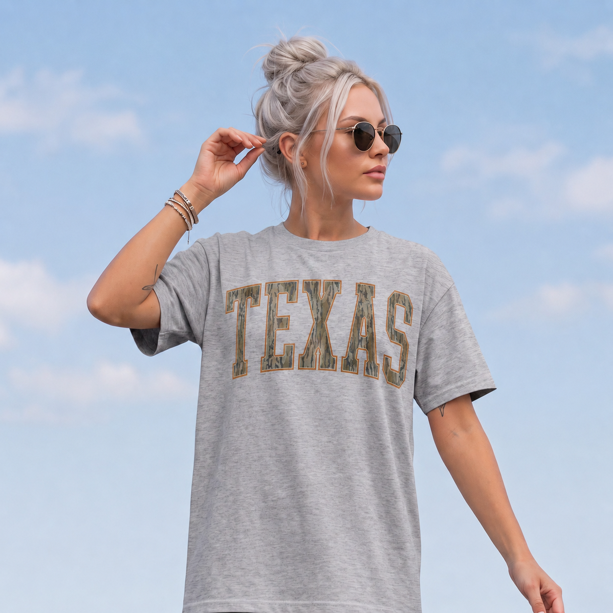 Sport grey camo Tennessee team name T-shirt worn for school spirit