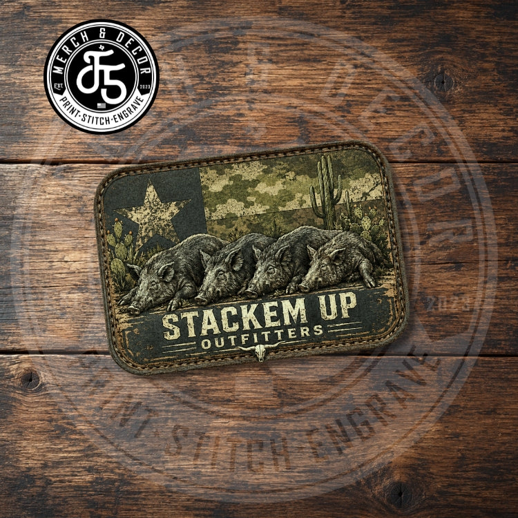 Custom UV printed leatherette hat patch featuring Stackem up Outfitters wild hog hunting design