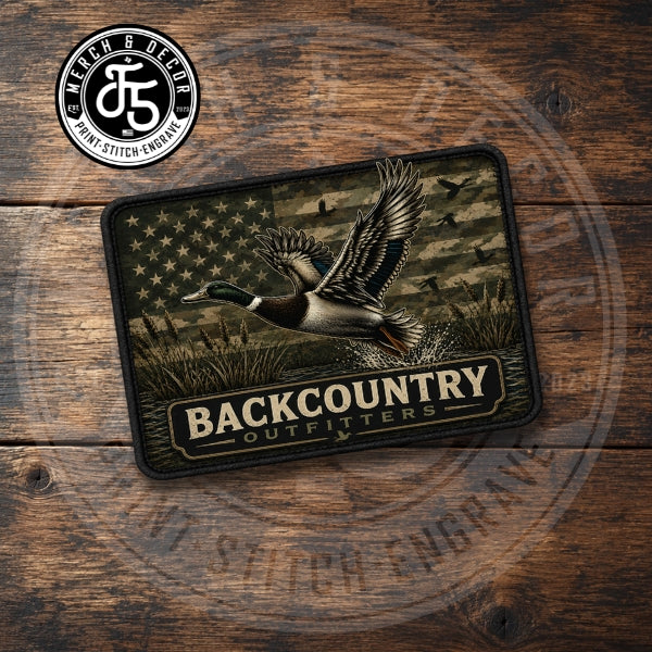 Custom UV printed leatherette hat patch featuring Backcountry Outfitters whitetail deer design