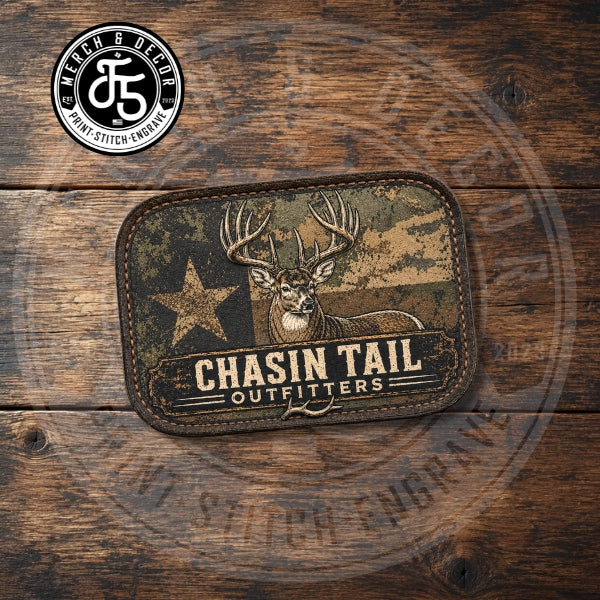 Custom UV printed leatherette hat patch featuring Chasin' Tail Outfitters whitetail deer design