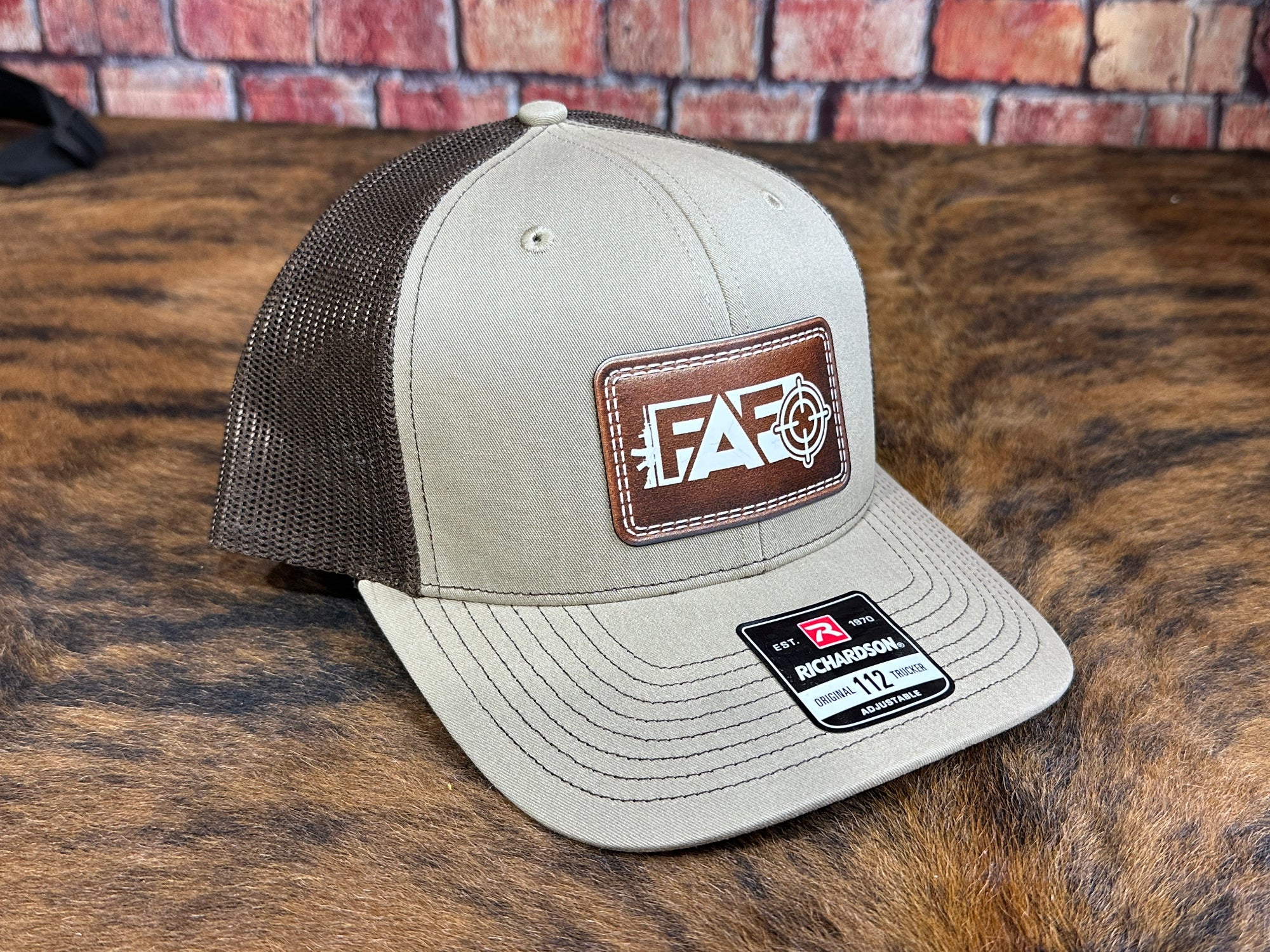 Richardson 112 FAFO target patch hat in tan and brown shown from a three-quarter angle