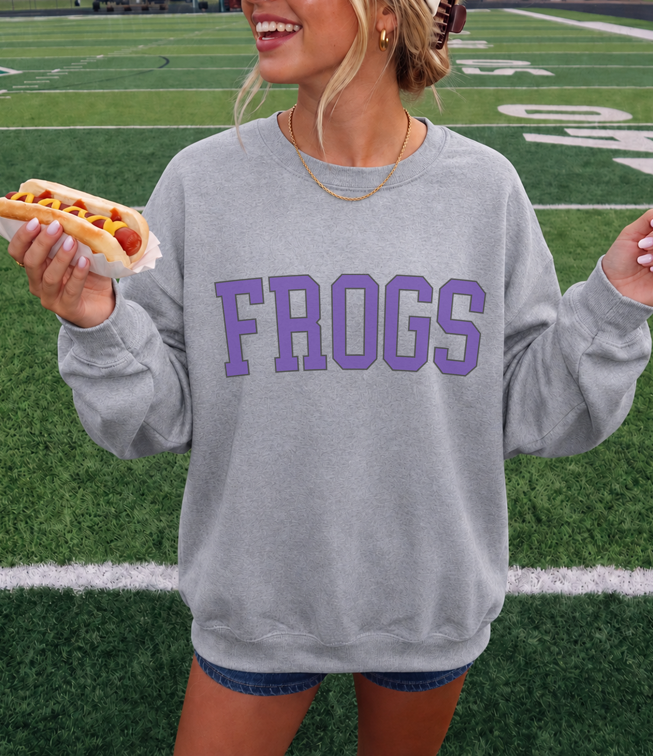 Sport grey Go Frogs football team sweatshirt with vintage varsity lettering