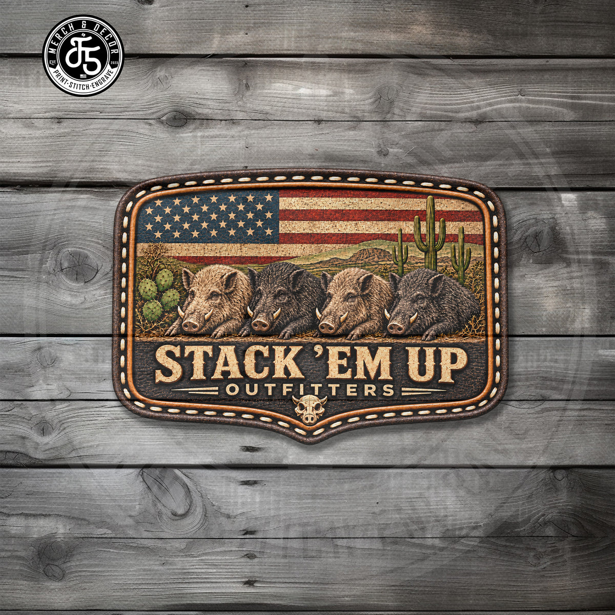 Custom UV printed leatherette hat patch featuring Stackem up Outfitters wild hog hunting design
