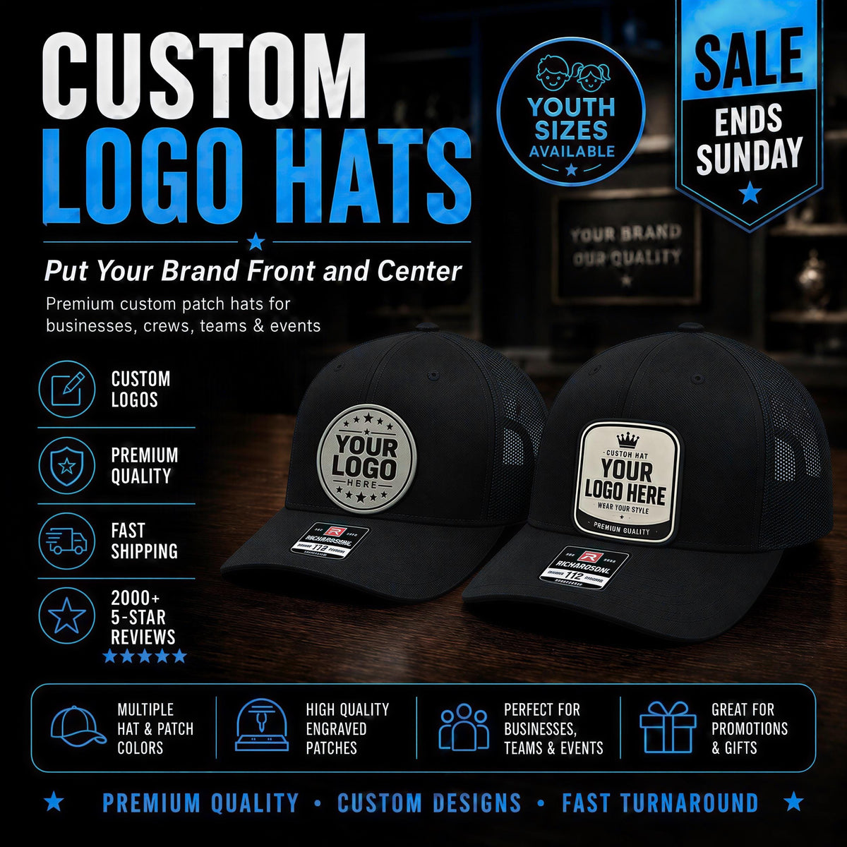 Custom Patch Hats, Richardson 112 Snapback | Leatherette Badge | Business Branding, Team Merch