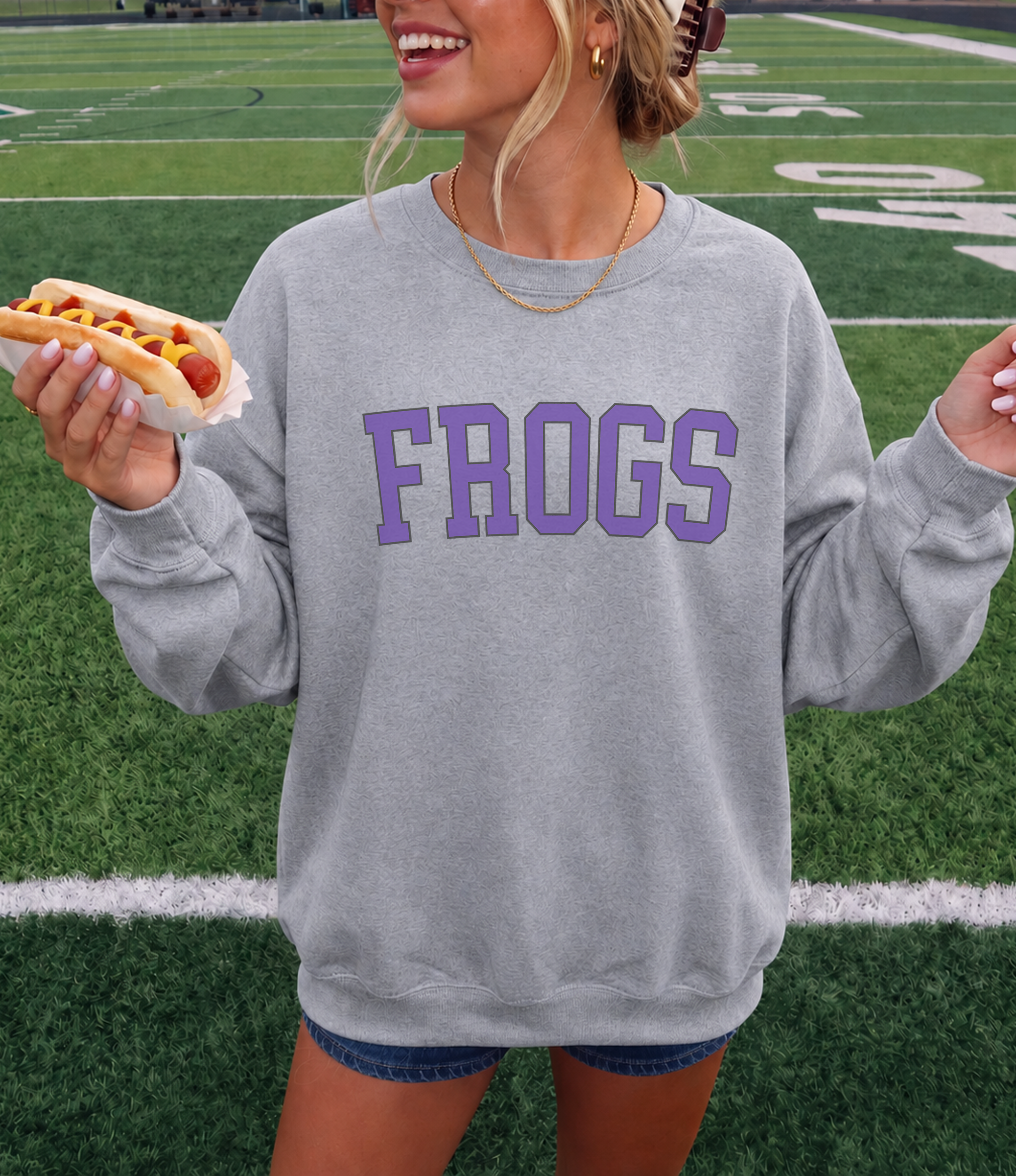 Sport grey throwback Frogs football sweatshirt with distressed varsity lettering