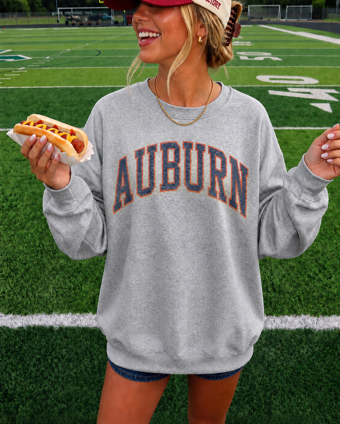 Two women wearing sport grey vintage varsity Oklahoma and LSU sweatshirts at a game day tailgate